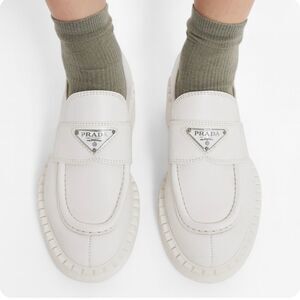 PRADA White Brushed Leather Logo Plate Loafers IT36